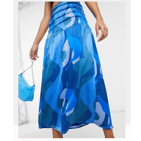 Asos Curve Never Fully Dressed shirred blue skirt abstract print swirl 14US - Picture 3 of 12